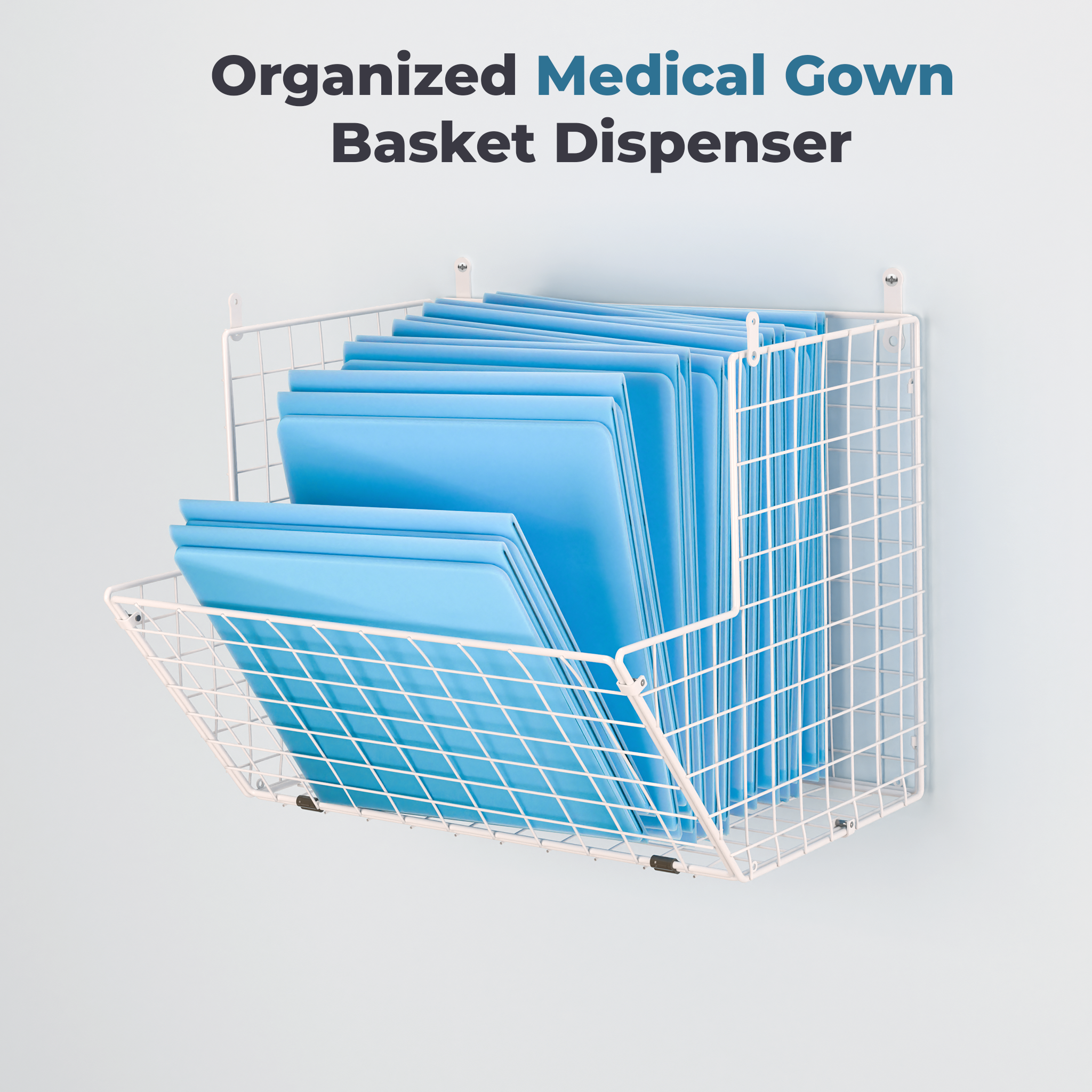 "Protective Wear Dispenser, Isolation Gowns Dispenser, Medical Gown Holder, Wall Mounted gown storage, Metal, Wire Basket, 12"x12"x10" Durable & Space-Saving, Holds up to 20 Gowns"