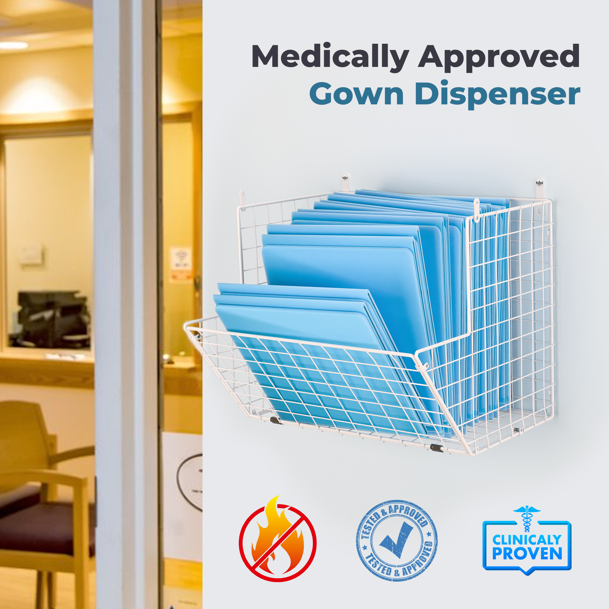 "Protective Wear Dispenser, Isolation Gowns Dispenser, Medical Gown Holder, Wall Mounted gown storage, Metal, Wire Basket, 12"x12"x10" Durable & Space-Saving, Holds up to 20 Gowns"